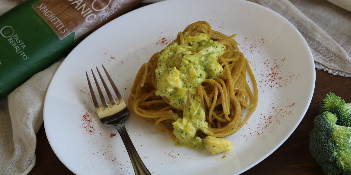 Spaghetti Integrali Bio con rana Pescatrice, Broccoli e Porro 