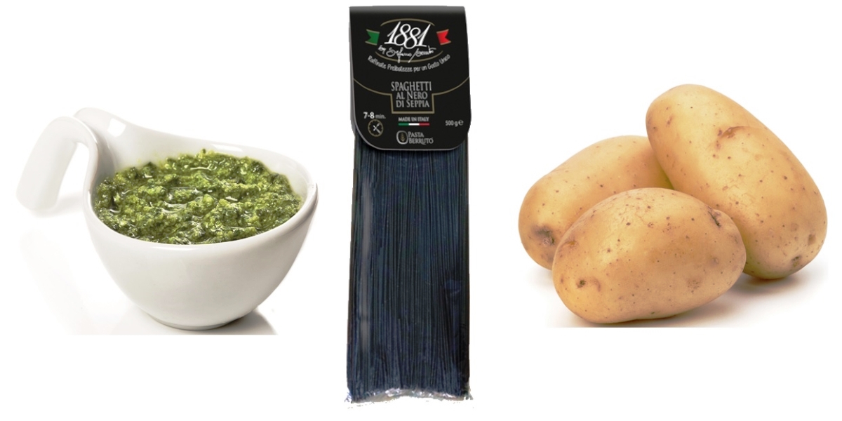 Spaghetti al nero di seppia con pesto, patate e pinoli